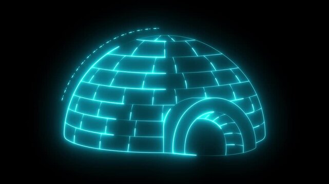 Glowing neon Igloo icon isolated on black background. igloo icon its edges shimmering with a cool, frosty glow. Snow home, Eskimo dome-shaped hut winter shelter, made of blocks. neon ice concept.