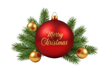 Obraz premium Merry christmas red ornament and festive pine branches isolated on transparent background
