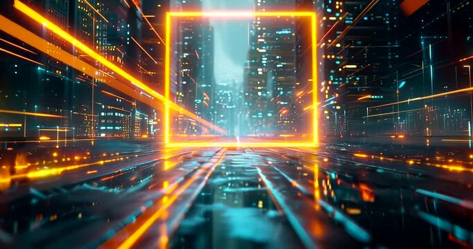 Futuristic cityscape with glowing neon lights and data streams, representing technology and digital transformation 4k video - Powered by Adobe