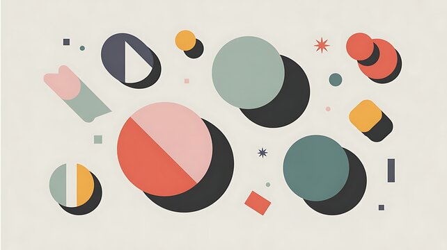 Abstract geometric shapes in muted pastel colors with dark shadows on a light textured background image