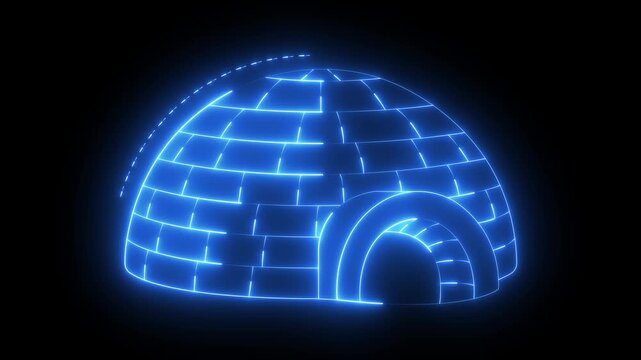 Glowing neon Igloo ice icon isolated on black background. igloo icon its edges shimmering with a cool, frosty glow. Snow home, Eskimo dome-shaped hut winter shelter, made of blocks. neon ice concept.