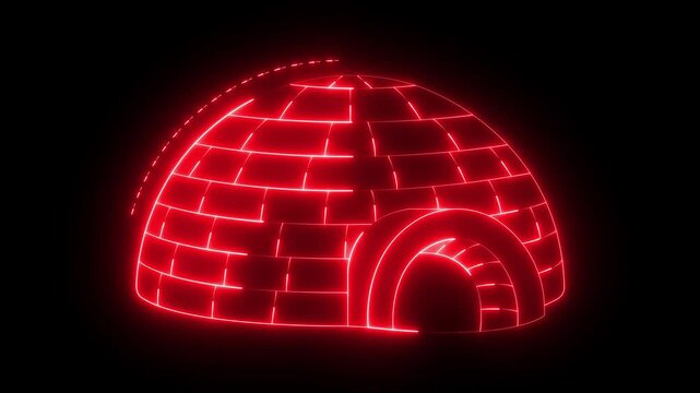 Glowing neon Igloo ice icon isolated on black background. igloo icon its edges shimmering with a cool, frosty glow. Snow home, Eskimo dome-shaped hut winter shelter, made of blocks. neon ice concept.