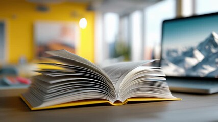An open book with yellow pages rests on a wooden table. A laptop displaying a mountain landscape is in the background. The room has a bright, modern design.