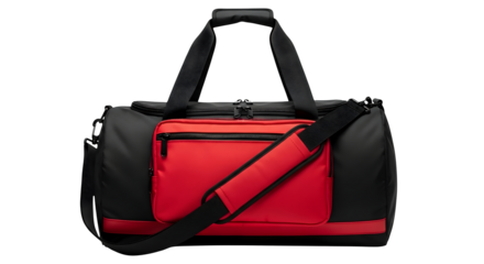 Modern black and red duffel bag with shoulder strap for gym or travel isolated on transparent background