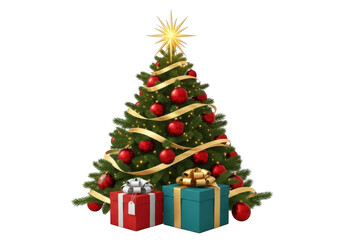 Festive christmas tree with gifts, holiday celebration isolated on transparent background