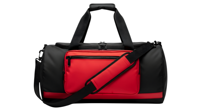 Modern black and red duffel bag with shoulder strap for gym or travel isolated on transparent background