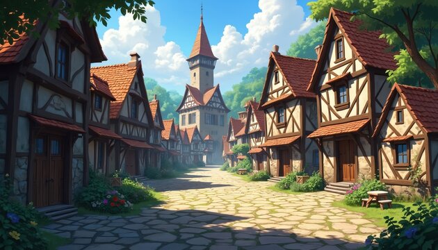 Medieval fantasy village street scene. Half timbered houses with red roofs line a cobblestone path. A tall tower stands in the background under a blue sky with clouds.