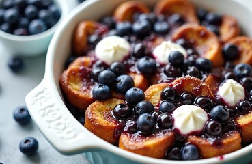 Delicious blueberry french toast casserole. Freshly baked breakfast dish with cream cheese, juicy blueberries. Sweet dessert food photo for recipe books, blogs, websites, social media promotions.