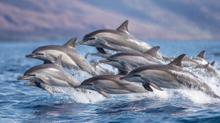 Fototapeta premium A group of dolphins skillfully jumps out of the clear blue water, creating splashes as they enjoy their playful day. The sun shines brightly above them, highlighting their sleek bodies.