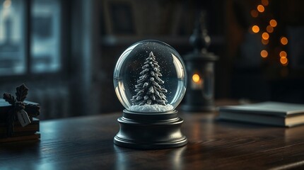 Christmas snow globe decoration on a desk 