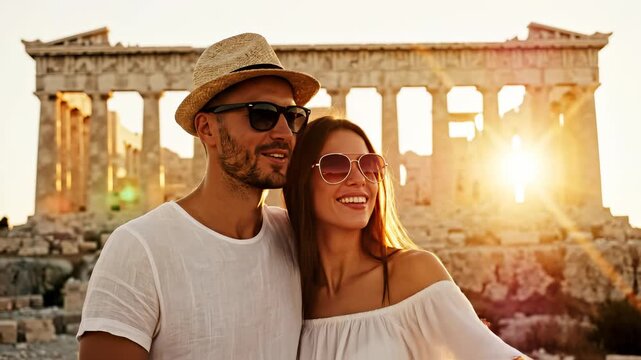Couple embraces at Parthenon during sunset. A captivating portrait of love and adventure. Historic site, ancient culture, travel destination.