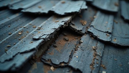 Fototapeta premium Close-up of damaged weathered shingle roof with extensive deterioration, cracks, broken tiles. Old house top needs urgent repair, maintenance. Property neglect leads to potential water leak problems