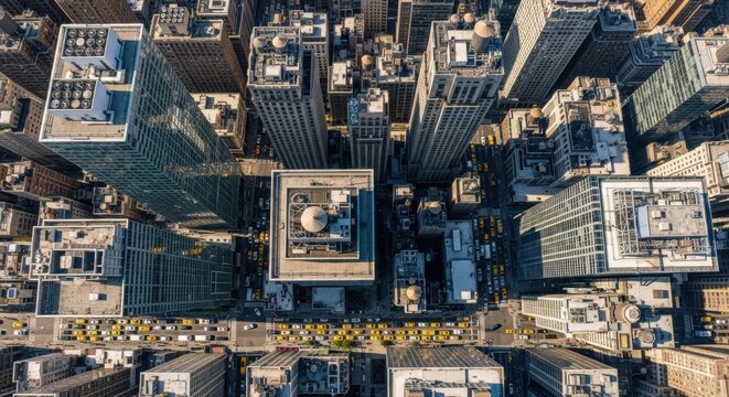 Aerial top down perspective of a dense urban cityscape. Modern skyscrapers in a financial business district. Busy city streets with yellow cab traffic. Real estate and infrastructure development