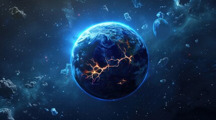 A glowing blue planet with cracks and glowing lines, surrounded by asteroids in a dark space environment. The scene conveys a sense of cosmic energy and mystery.