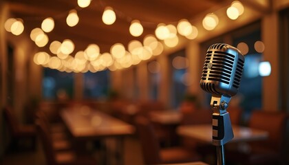 Close-up of retro microphone in cozy bar. Blurred background includes tables chairs and decorative lights. Photo evokes a sense of anticipation nightlife and music performance atmosphere.