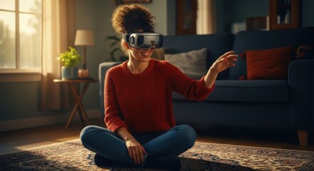 Female adult interacting with a virtual reality headset for immersive entertainment. Exploring the metaverse and digital worlds from home. Future technology for gaming and simulation