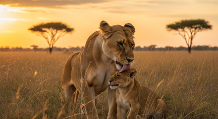 lion cub and lioness