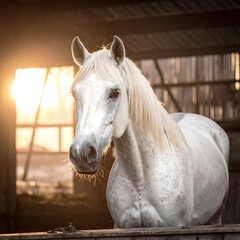 A white horse with long mane poses gracefully in a warm barn