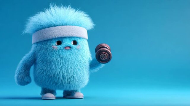 Cute furry blue cartoon monster exercising with dumbbell. Funny cartoon character training for fitness and physical activity.