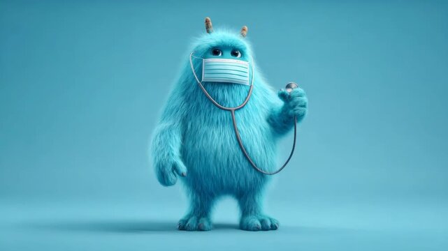 Cute monster with medical mask wearing and holding stethoscope. Health professional cartoon character for medical concept.