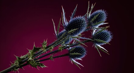 Vibrant blue sea holly thistle with sharp spiky texture. Dramatic studio floral composition for modern botanical art. A concept of resilience and untamed natural beauty
