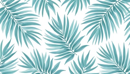 Fototapeta premium Blue palm leaves repeat in a natural pattern. This simple tropical design works for backgrounds or decor. It suggests a vacation or summer theme. Use for fabrics or wall art.