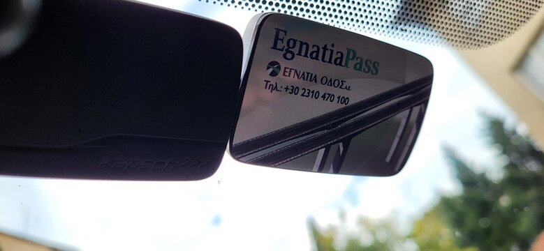 Thessaloniki, Greece - 08 25 2025: A toll tag for Greek roads