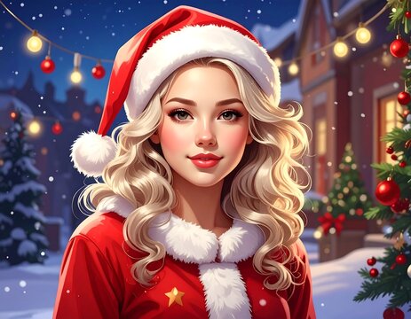 Beautiful woman with blonde curls in a Santa hat, Christmas scene