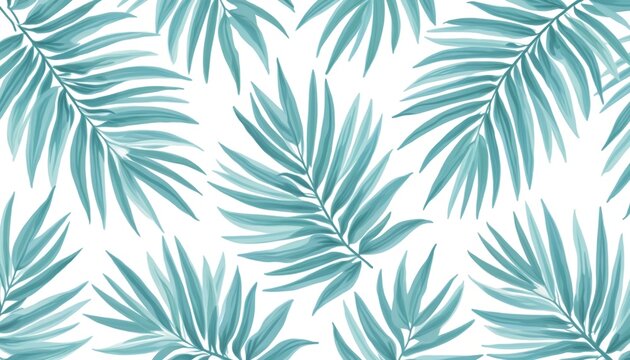 Blue palm leaves repeat in a natural pattern. This simple tropical design works for backgrounds or decor. It suggests a vacation or summer theme. Use for fabrics or wall art.