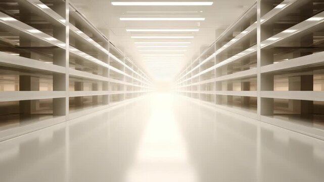 A futuristic aisle with empty shelves bathed in white light suggests anticipation and potential. The symmetrical design and glossy surfaces highlight a pristine, organized environment