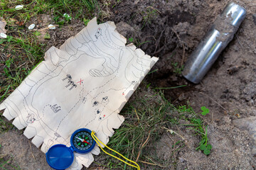 Find a treasure in the ground using a map.Dig up a treasure in the forest.