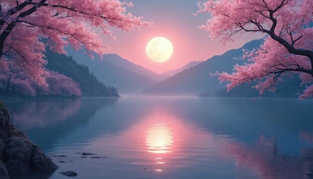 Serene lake reflects pink cherry blossoms under soft full moon light. Mountains fade into hazy blue mist. Calm water mirrors tranquil spring night scene.