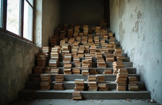 Old books stacked on concrete stairs inside. Books create pattern on steps. Photo shows education learning wisdom history or culture. Staircase leads up with knowledge.