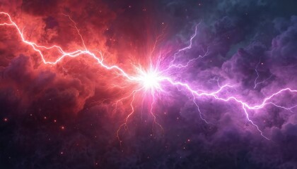 Bright energetic lightning strikes clash in stormy sky. Red and purple clouds swirl around glowing electric bolts. Powerful nature forces collide in cosmic explosion.