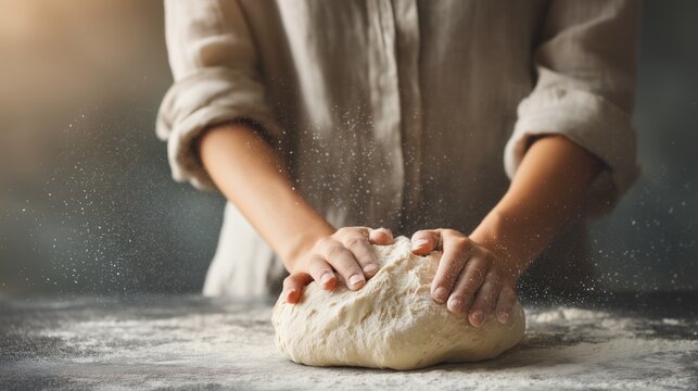 Person's hands kneading fresh dough with flour on a dark table, creating bakery products