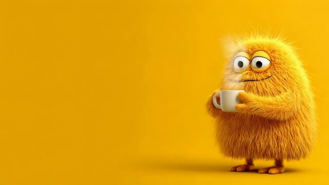 Funny cartoon character cute monster sipping hot drink from mug, eyes closed, enjoying a warm beverage against a bright yellow background.