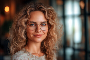 Portrait of a woman with curly hair and glasses