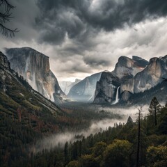 Landscape epic scene with fog and desaturated colors for background. Colorado.
