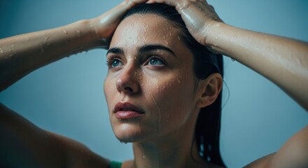 Young Caucasian female with wet skin and hair after a shower. Hydrating facial treatment for deep moisture and skincare. Intense post workout cool down. Purity and renewal concept