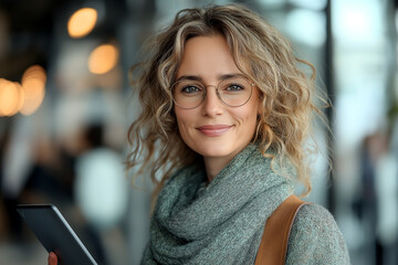 Woman with glasses and scarf holding a tablet pc