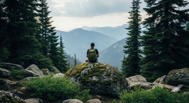Young adult male traveler with backpack sitting on a mossy boulder. Scenic mountain landscape view. Solo journey for wellness and discovery. Outdoor adventure lifestyle concept