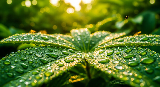 green leaf with dew drops