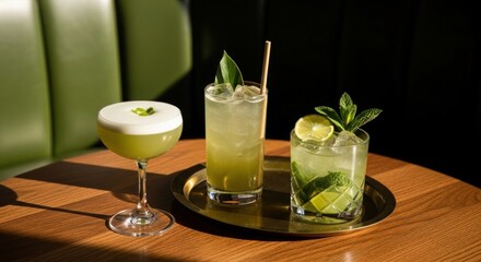 Three green craft cocktails on a serving tray. Artisanal mixology with fresh ingredients like mint and lime. Upscale bar and lounge menu presentation for happy hour specials