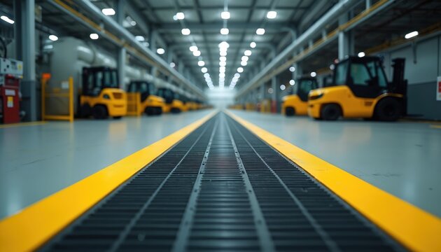 Industrial warehouse interior with perspective view. Yellow forklifts stand ready. Long hall with drain and yellow line guides. Modern production facility with equipment. Factory space.