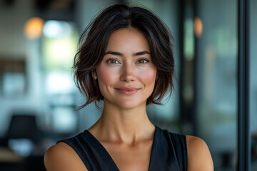 A light-skinned woman with a wavy, dark bob hairstyle smiles at the camera in a headshot