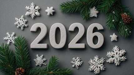 Festive New Year 2026 flat lay with fir branches and white snowflakes on gray background