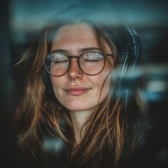 Serene portrait of young woman enjoying music on headphones seen through window reflection