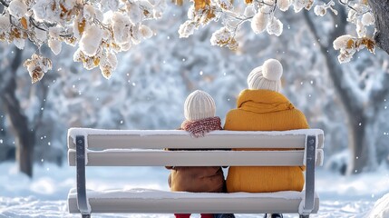 Mother and child enjoy a snowy day on a cozy bench wrapped in warm clothes surrounded by winter beauty