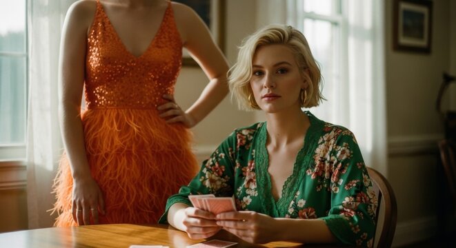 Young Caucasian female playing cards at a table looking at camera. Two stylish women in elegant designer dresses. Strategic leisure game and luxury lifestyle social gathering concept