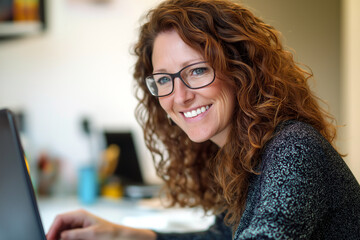 Woman smiling while using a laptop computer indoors